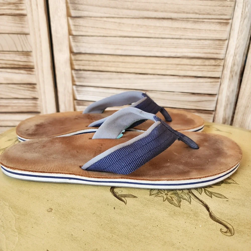 Hari Mari Sz 12 Brown Leather Blue Textile Flip Flop Sandals Casual Resort Vacay